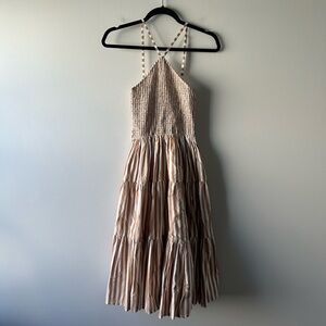 Lusana tan and white striped sleeveless dress
